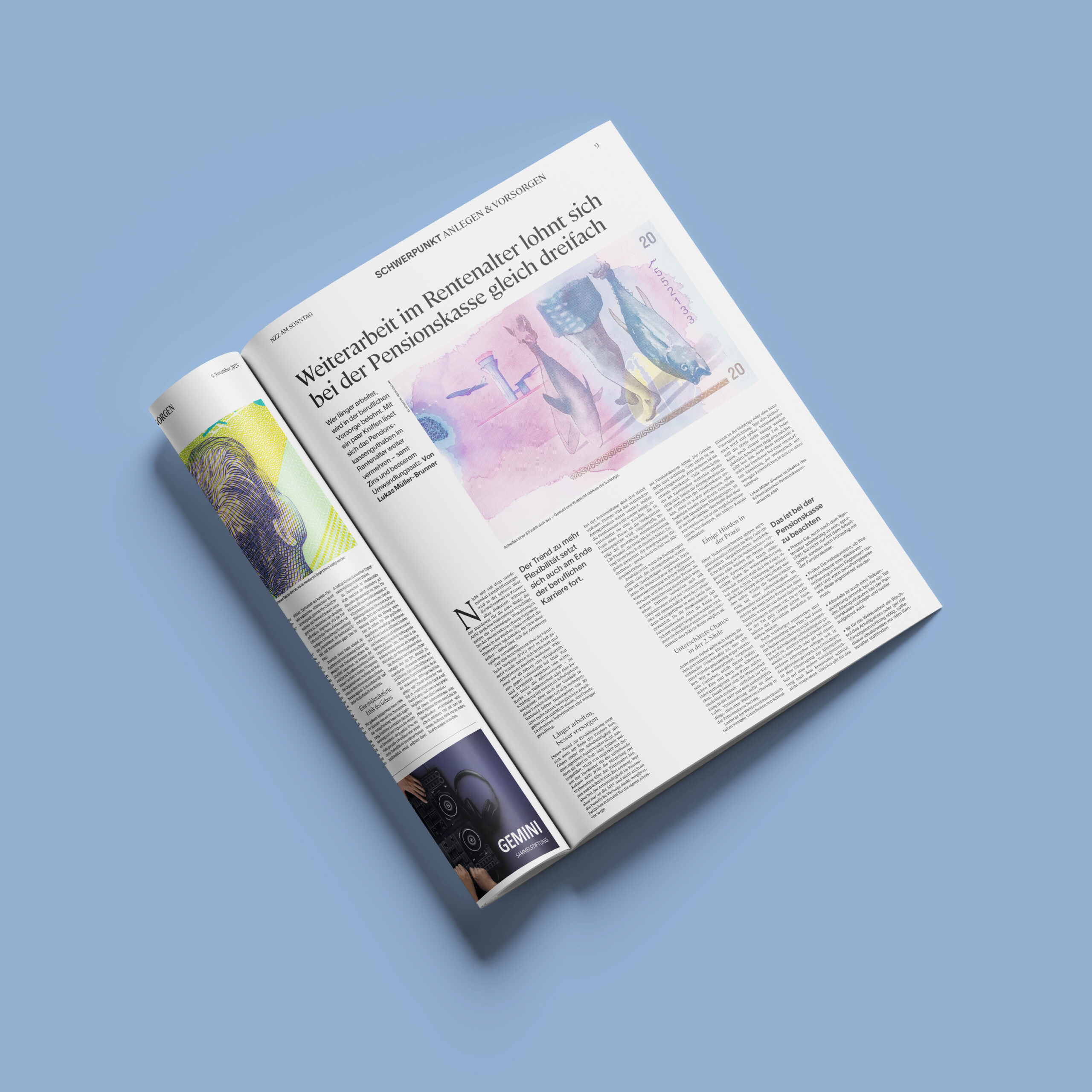 Zeitungsartikel über Weiterarbeit im Rentenalter und Pensionskasse – Thema zweite Säule und Altersvorsorge in der Schweiz